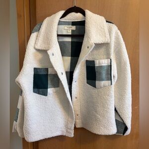 Cozy White & Green Plaid Sherpa Jacket L EUC